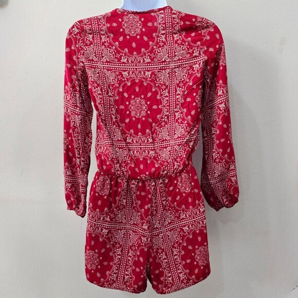 Archaic ✦ Red Paisley Romper ✦ Long Sleeve V-Neck w/ Tie Detail Boho Rebel Style - Picture 3 of 11